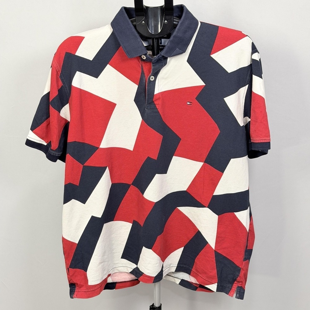 Tommy Hilfiger Polo Shirt Mens XL Red Blue Geometric Allover Custom Fit‎ Logo